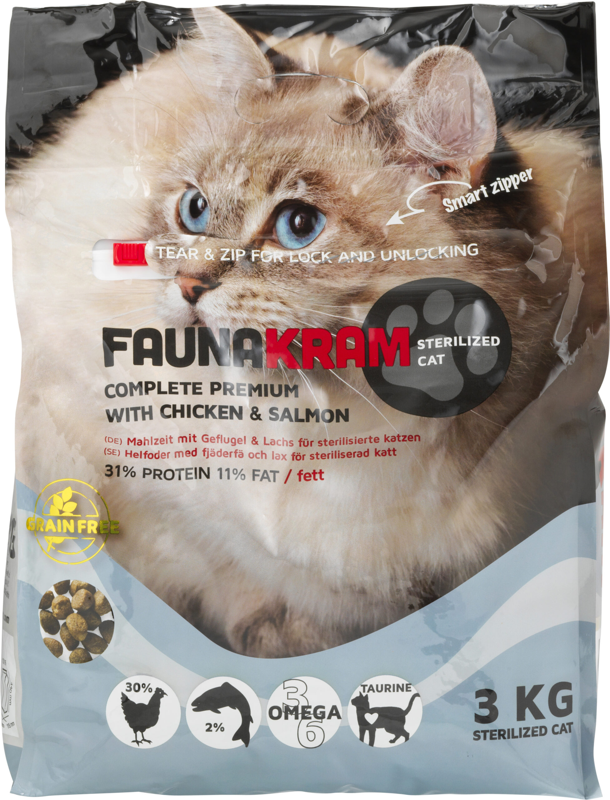 Faunakram 3 kg Complete premium tørfoder til katte kylling og laks. 31/11. | FAUNAKRAM Pet Food